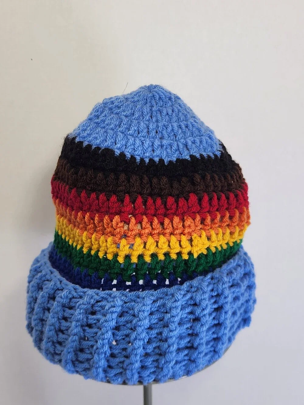 Handmade Crochet Knit Cap Beanie Hat Blue with Rainbow Stripe One Size